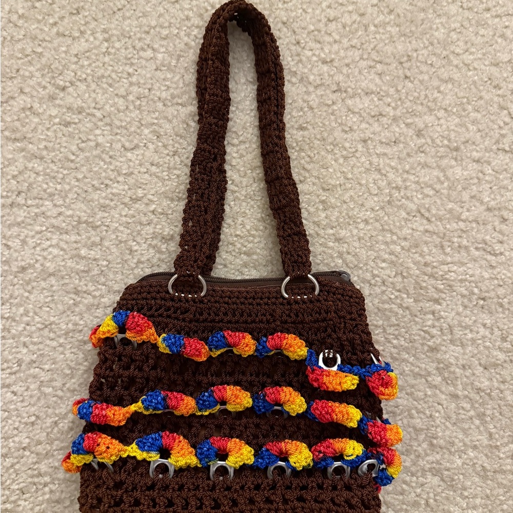 Handcrafted Brown Crochet Bag with Multicolor Accents